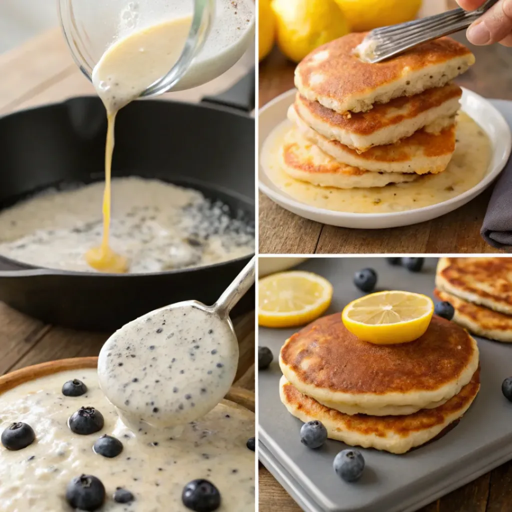 Four step collage showing mixing batter, cooking pancakes, flipping, and stacking