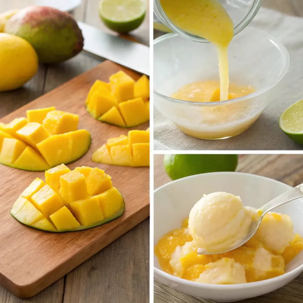 Four step collage showing cutting mango, blending, freezing, and scooping sorbet