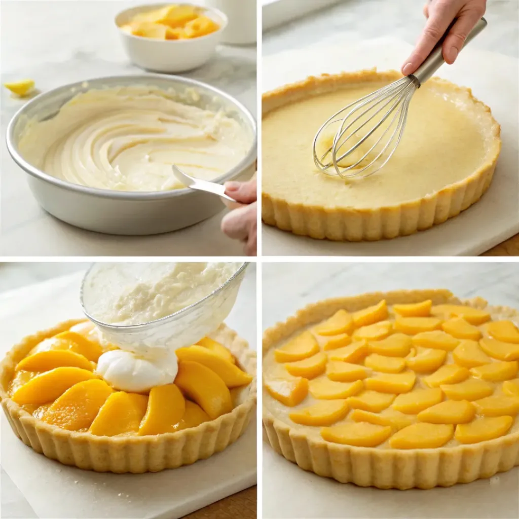 Four step collage showing tart crust, pastry cream, filling, and mango topping