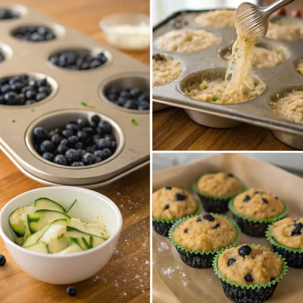 Four step collage showing grating zucchini, mixing batter, filling cups, and glazing muffins