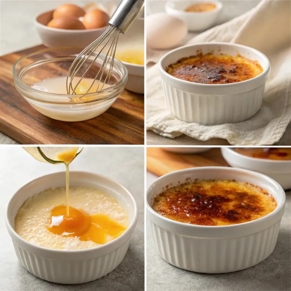 Four step collage showing mixing custard, baking, and caramelizing sugar