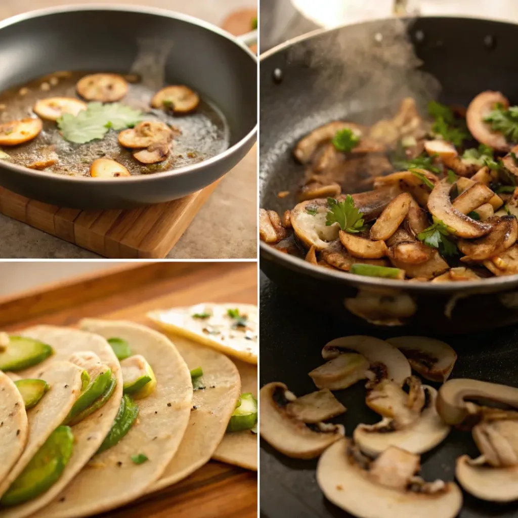 Four step collage showing cooking mushrooms, warming tortillas, and assembling tacos