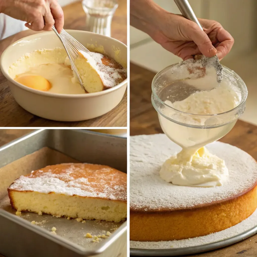 Four step collage showing base preparation, cream layer, layering, and baked cake