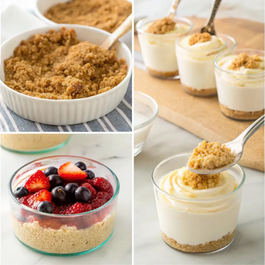 Four step collage showing crust mixing, cream preparation, layering, and berry topping