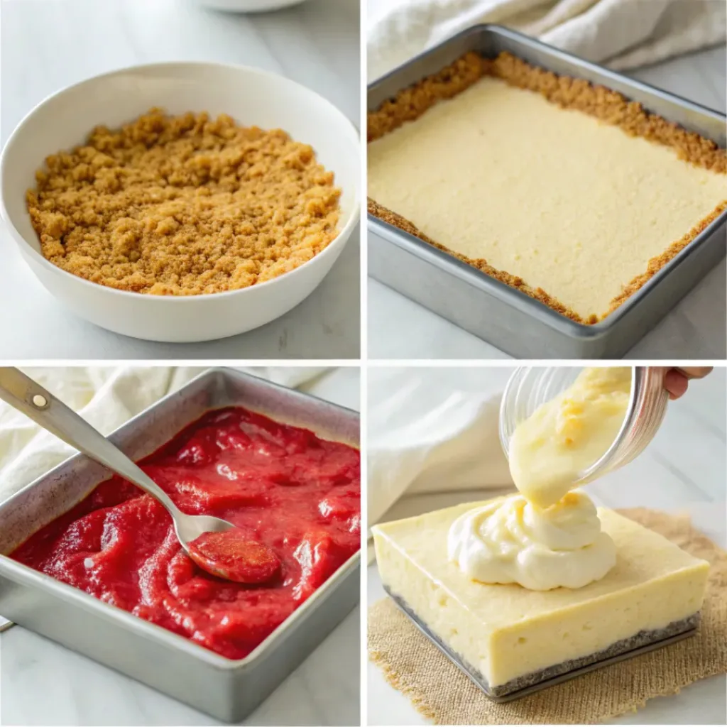 Four step collage showing crust, cheesecake filling, spreading, and rhubarb topping