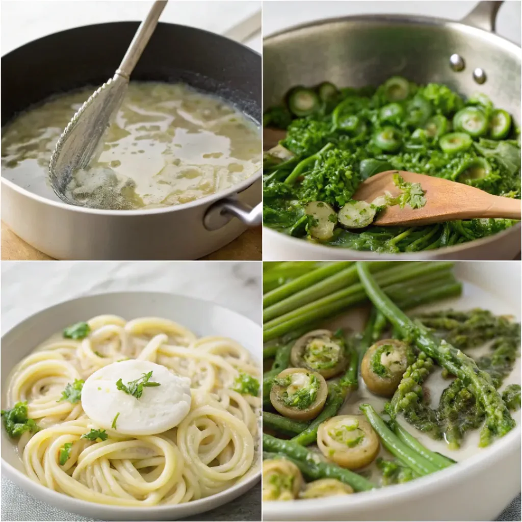 Four step collage showing sautéing, adding vegetables, cooking pasta, and serving dish
