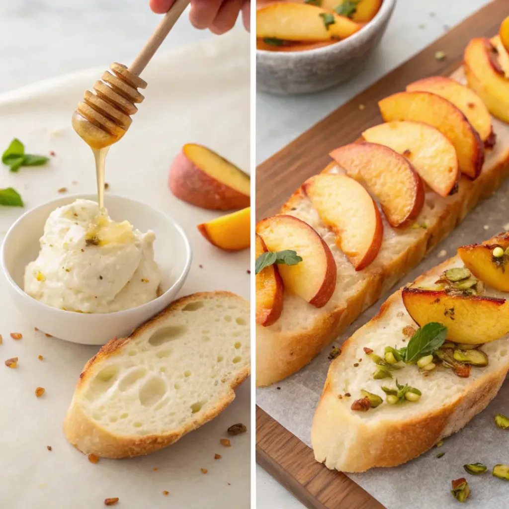 Four step collage showing toasting bread, preparing cream, adding peaches, and final topping