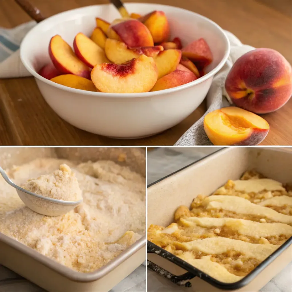 Four step collage showing slicing peaches, mixing batter, layering, and baking cobbler