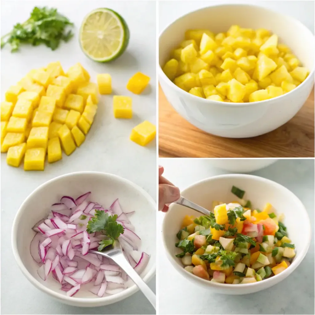 Four step collage showing chopping fruit, preparing herbs, mixing, and adding lime juice
