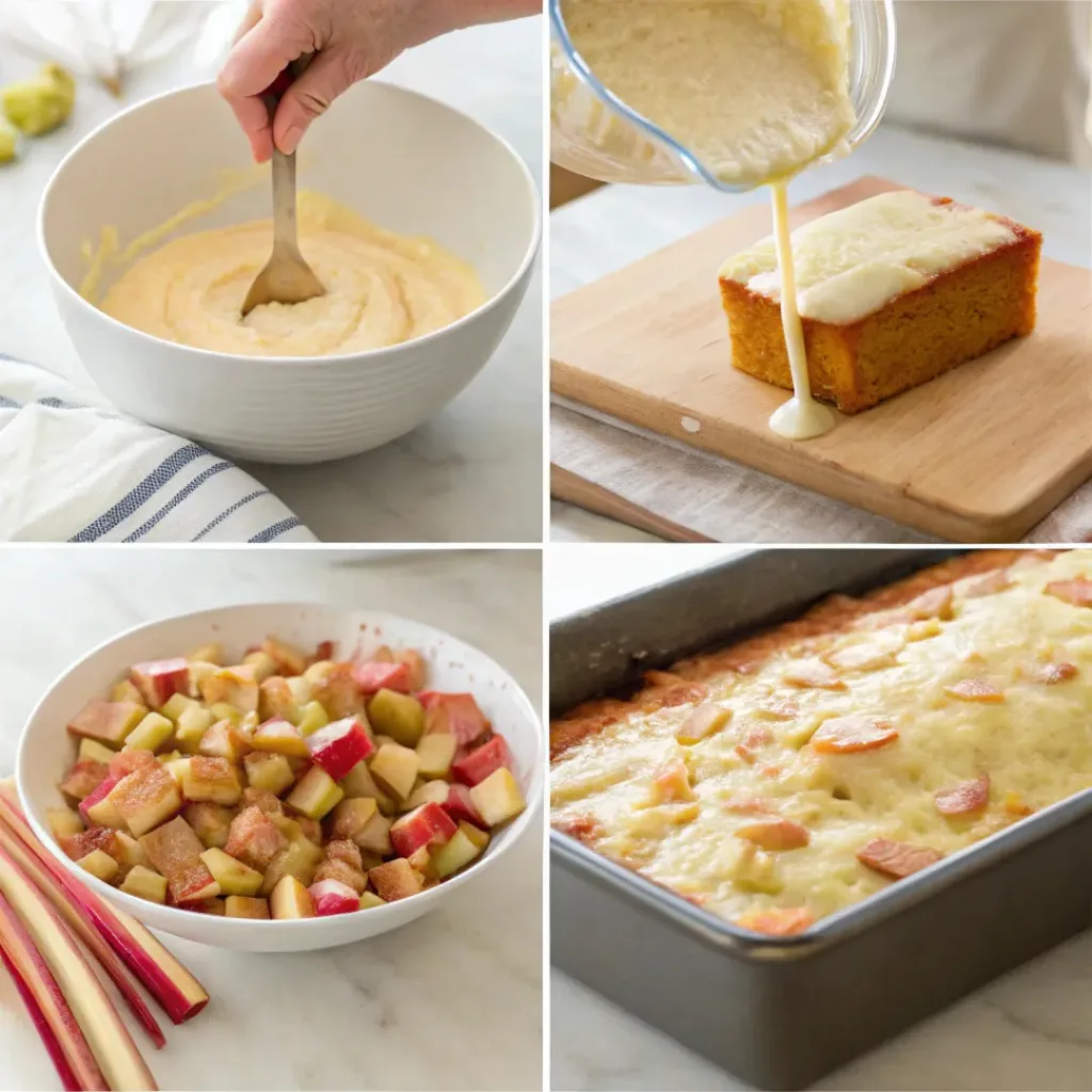 Four step collage showing mixing batter, adding rhubarb, baking, and glazing cake