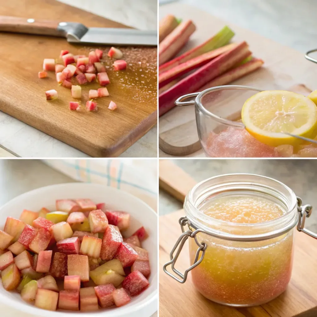 Four step collage showing chopping rhubarb, cooking, simmering, and finished compote