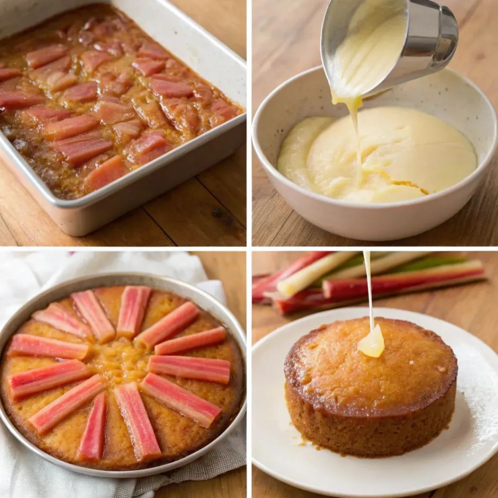 Four step collage showing caramel base, rhubarb arrangement, batter pouring, and cake flipping