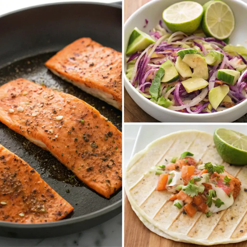 Four step collage showing seasoning, cooking salmon, preparing slaw, and assembling tacos