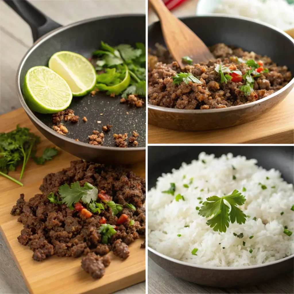 Four step collage showing cooking beef, mixing herbs, cooking rice, and plating dish