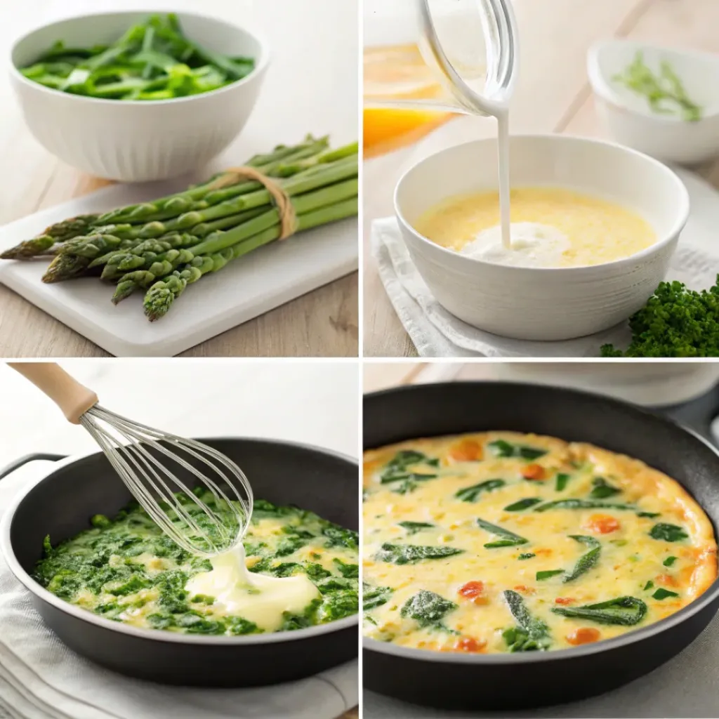 Four step collage showing whisking eggs, cooking vegetables, adding eggs, and baking