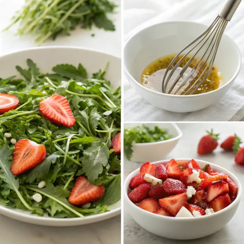 Four step collage showing prepping greens, slicing strawberries, making dressing, and tossing salad
