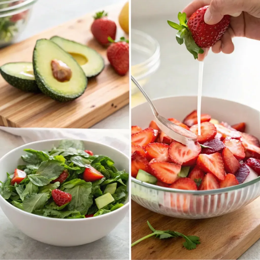 Four step collage showing slicing ingredients, assembling salad, and adding dressing