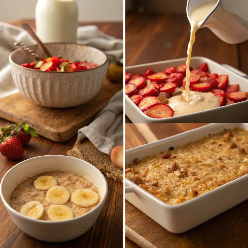 Four step collage showing mixing, adding fruit, baking preparation, and finished baked oatmeal