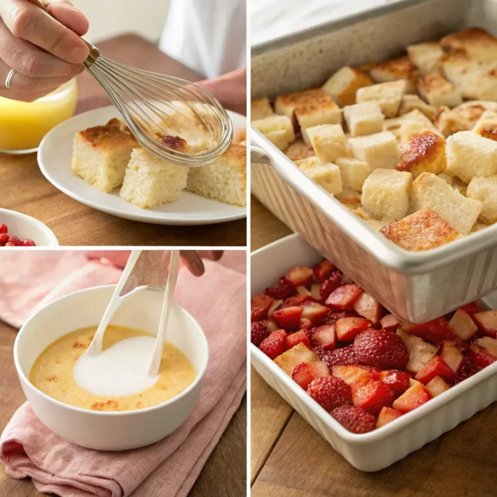 Four step collage showing cutting bread, making custard, assembling, and baking casserole