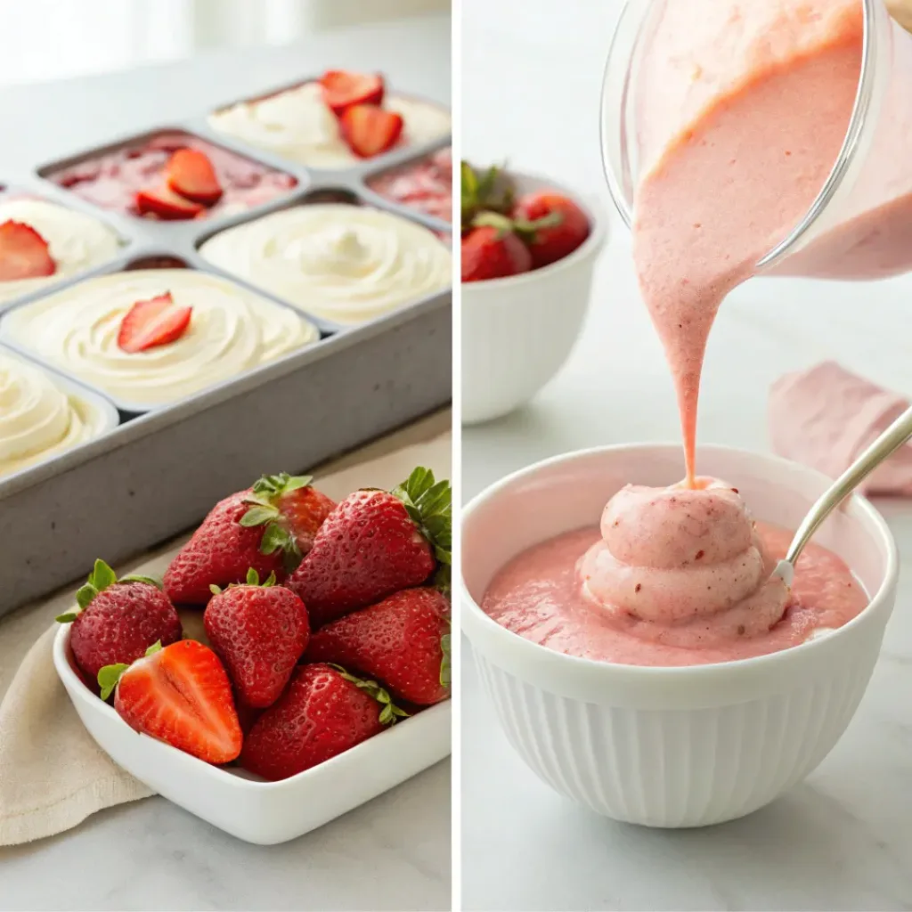 Four step collage showing blending, pouring, freezing, and scooping yogurt