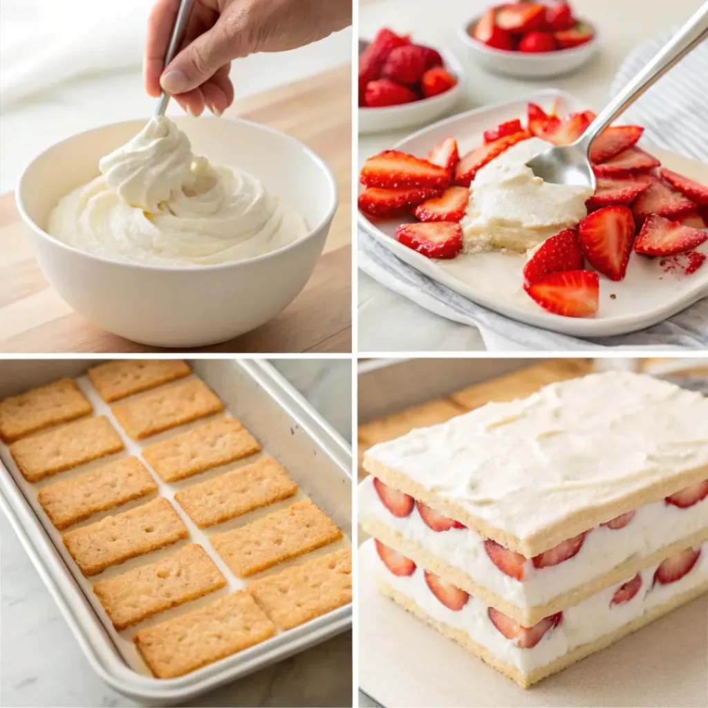 Four step collage showing whipping cream, layering, adding strawberries, and finished cake