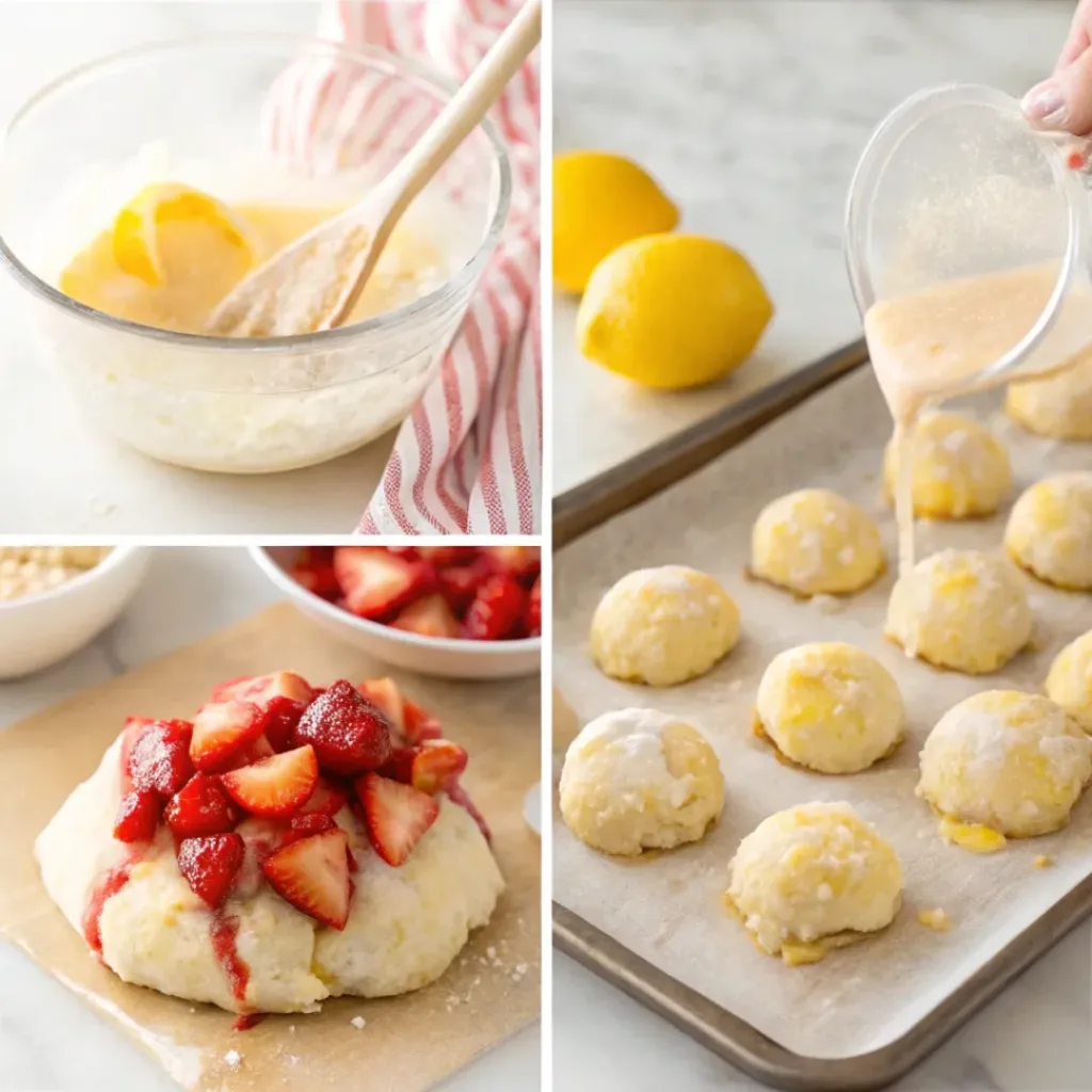 Four step collage showing mixing dough, adding strawberries, shaping cookies, and glazing