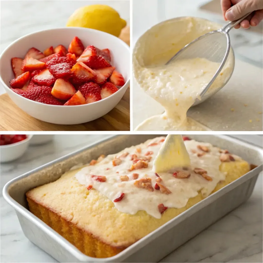 Four step collage showing mixing batter, adding strawberries, baking, and glazing loaf