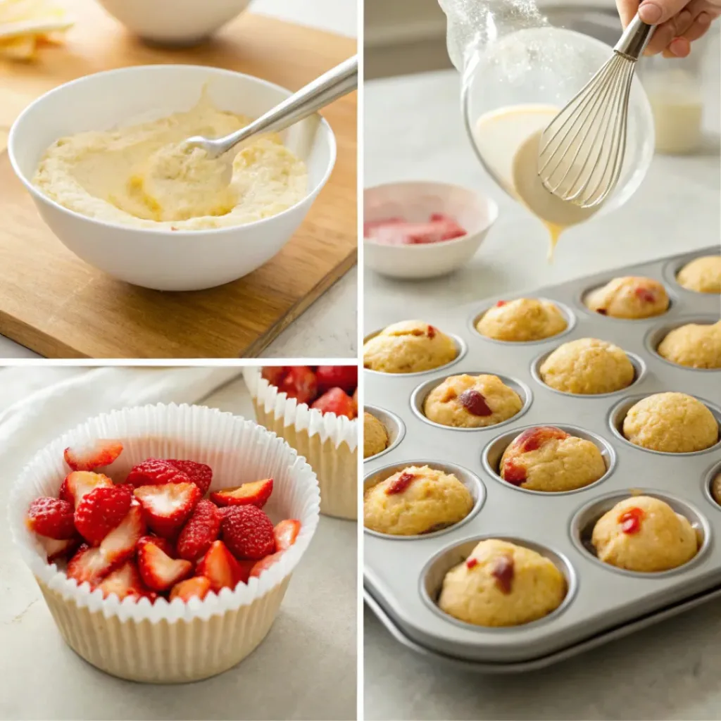 Four step collage showing mixing batter, adding strawberries, filling muffin tray, and baked muffins