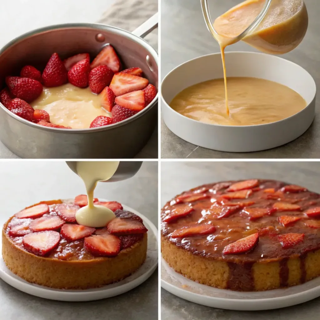 Four step collage showing caramel base, fruit layer, batter pouring, and cake flipping