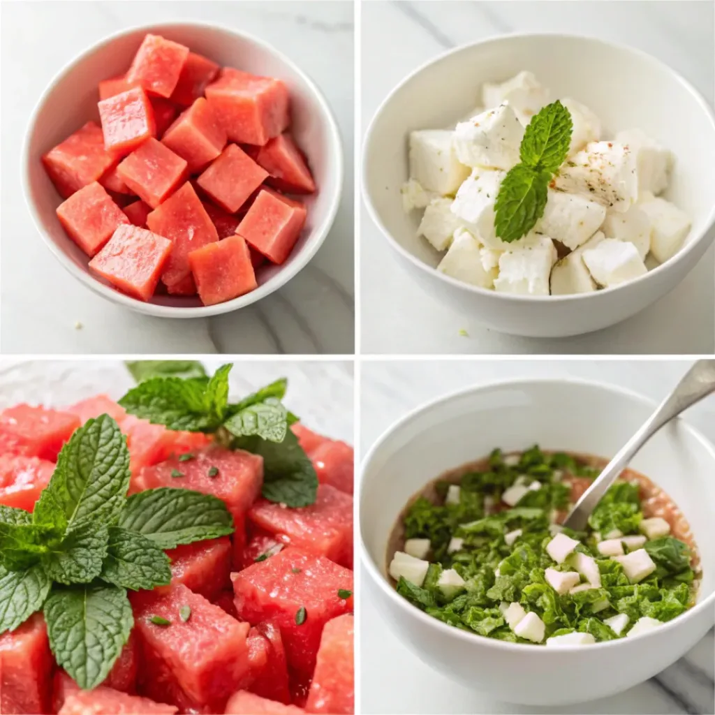 Four step collage showing cutting watermelon, preparing feta and mint, and mixing salad