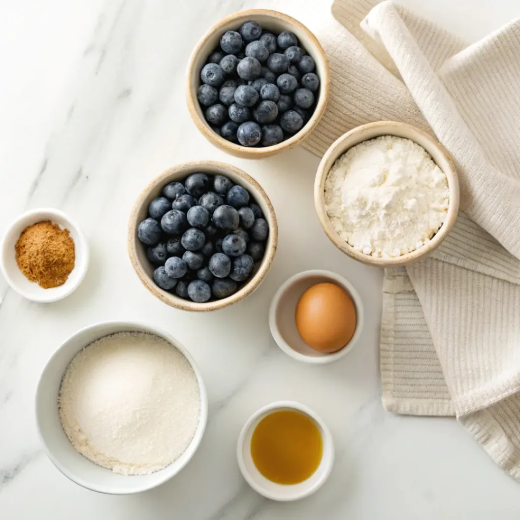 Fresh blueberries, flour, butter, eggs, brown sugar, milk, vanilla, baking powder, and salt arranged for making blueberry upside down cake.