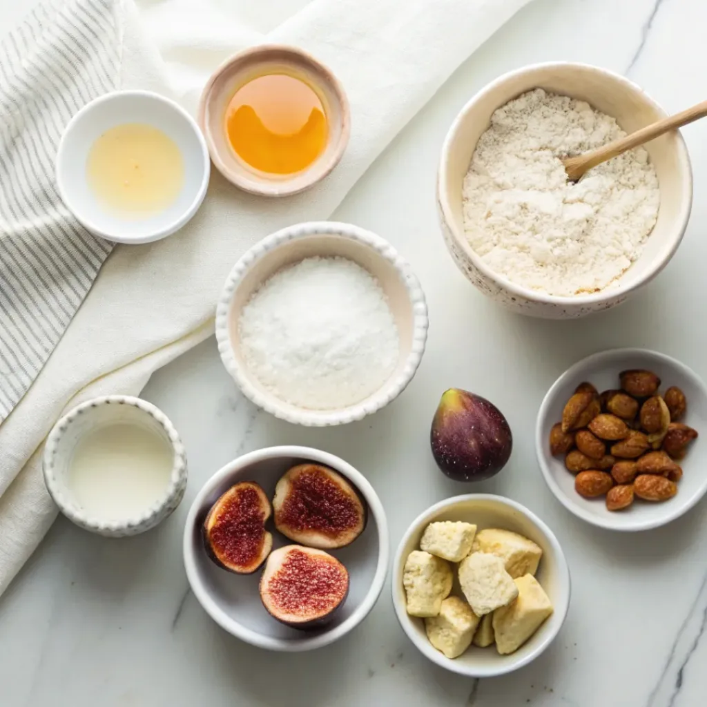 Fig almond honey cake - Naturally Sweet and Moist Autumn Dessert 6 Fresh figs, almond flour, sliced almonds, honey, flour, butter, eggs, vanilla, baking powder, and salt arranged for making fig almond honey cake.