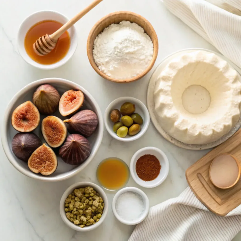 Fig Honey Bundt Cake - Moist and Spiced Autumn Centerpiece Dessert 5 Fresh figs, honey, flour, butter, eggs, brown sugar, vanilla, yogurt, baking powder, sliced almonds, and salt arranged for making fig honey Bundt cake.
