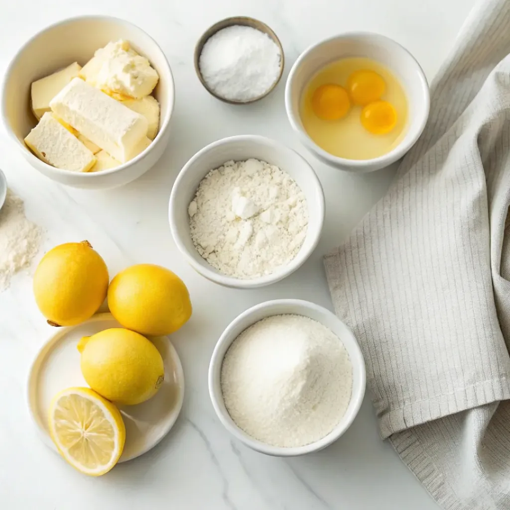 Lemon Crinkle Cookies - Pillowy Soft and Zesty Citrus Treats 6 Flour, butter, sugar, eggs, lemons, lemon zest, baking powder, vanilla, powdered sugar, and salt arranged for making lemon crinkle cookies.