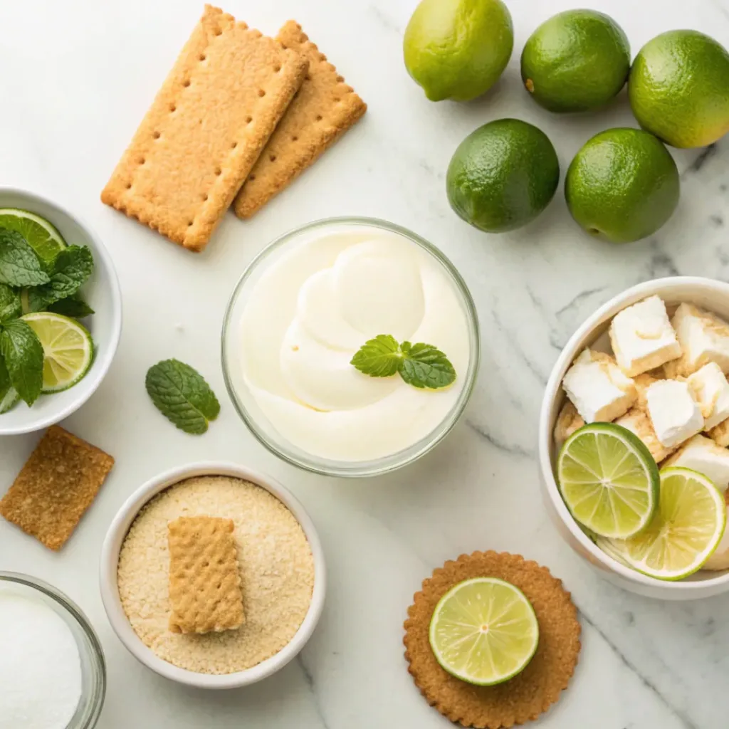 Key Lime Pie Cups – Creamy, Tangy No-Bake Mini Desserts 6 Flat lay of key limes, condensed milk, graham crackers, and dessert ingredients