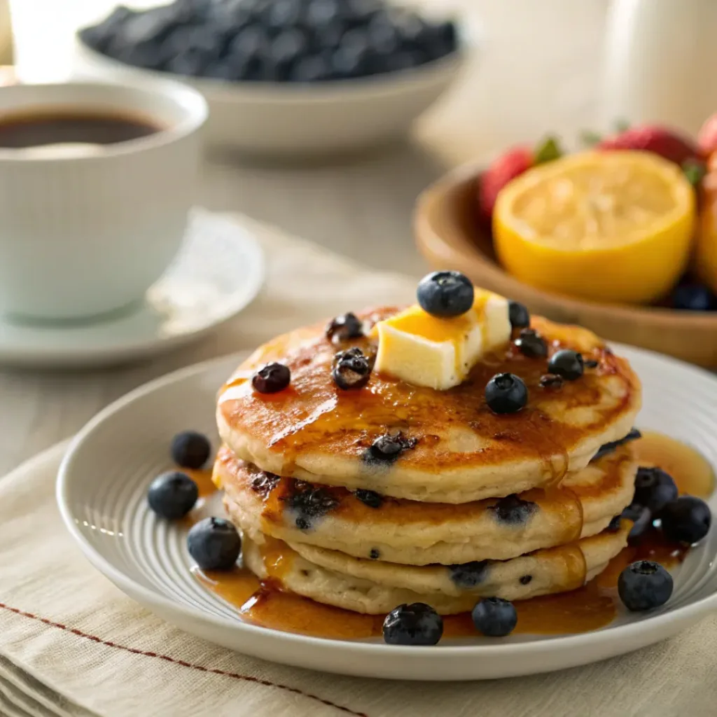 Lemon blueberry pancakes served with coffee and fresh fruit