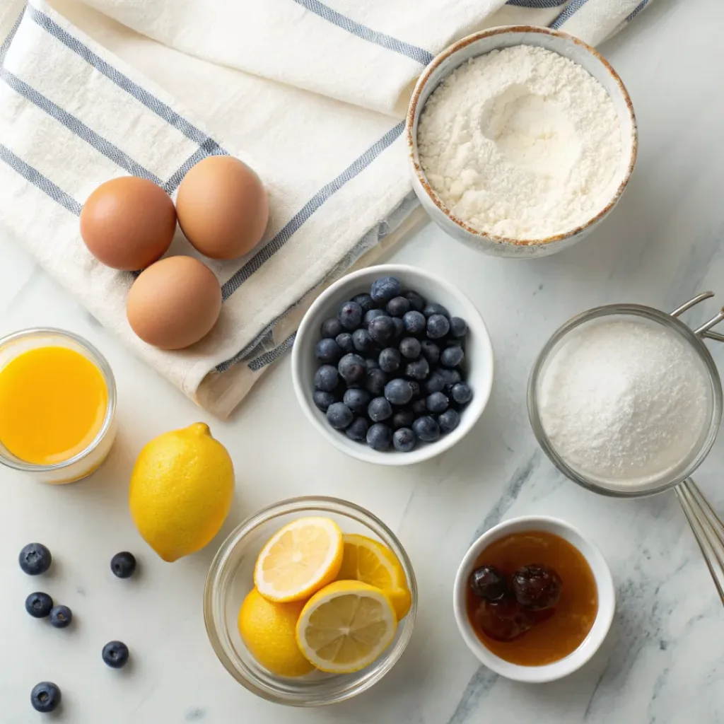 Flat lay of blueberries, lemons, flour, eggs, milk, and pancake ingredients