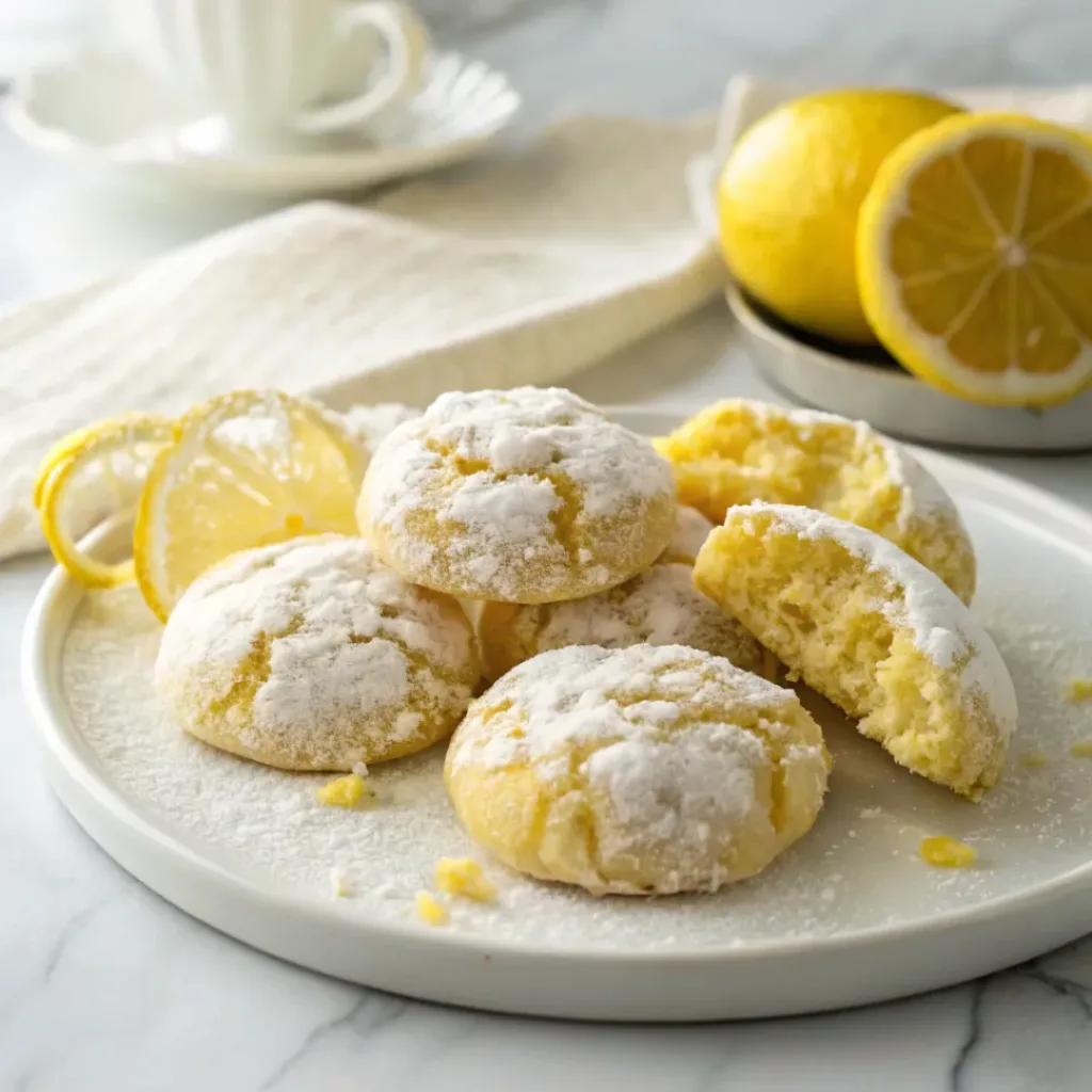 Home 7 Homemade lemon crinkle cookies coated in powdered sugar with soft centers and crackled tops on a serving plate.