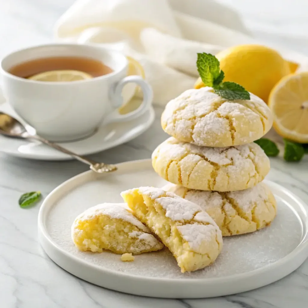 Lemon Crinkle Cookies - Pillowy Soft and Zesty Citrus Treats 8 Lemon crinkle cookies served with fresh lemon slices and a cup of hot tea.