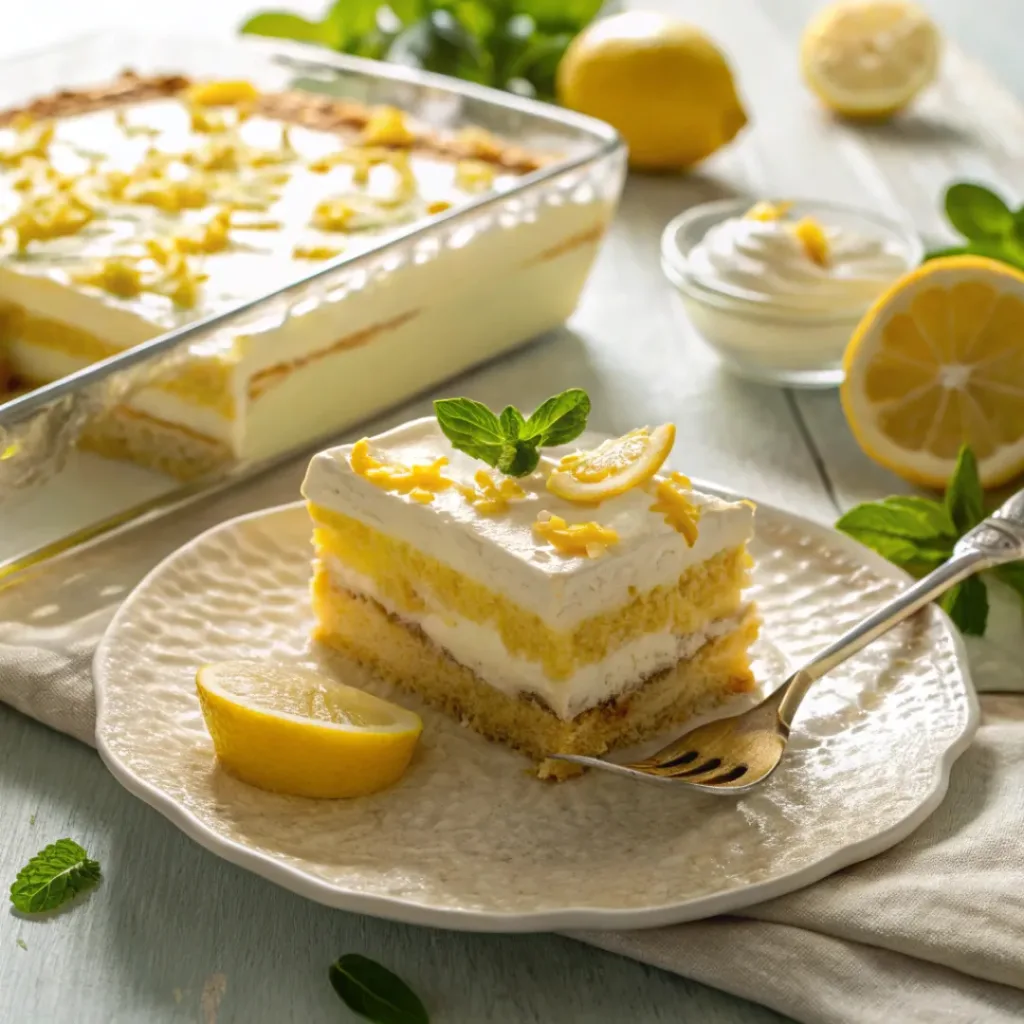 Lemon Éclair Cake – No-Bake Creamy Lemon Dessert 8 Slice of lemon éclair cake with creamy layers and lemon glaze