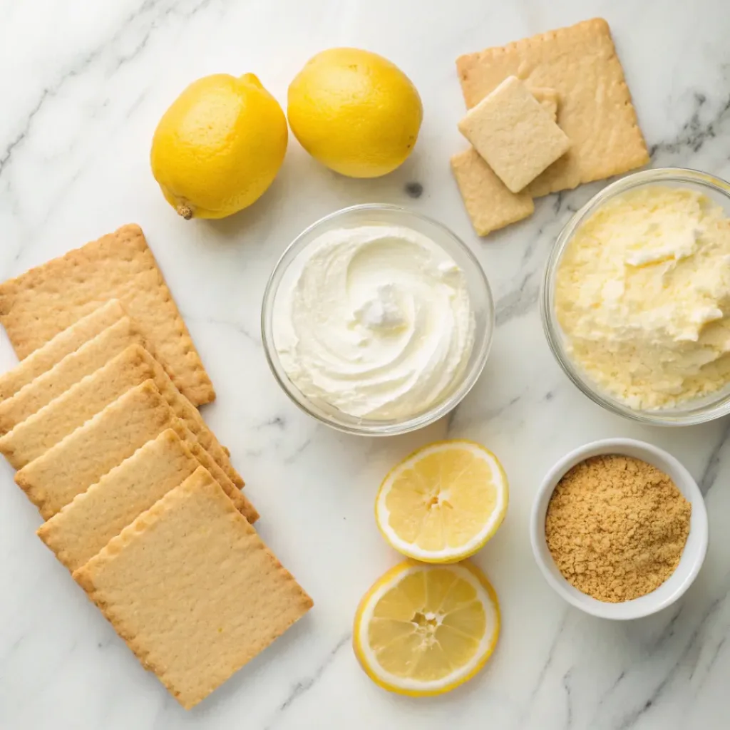 Lemon Éclair Cake – No-Bake Creamy Lemon Dessert 6 Flat lay of pudding, graham crackers, lemons, and dessert ingredients