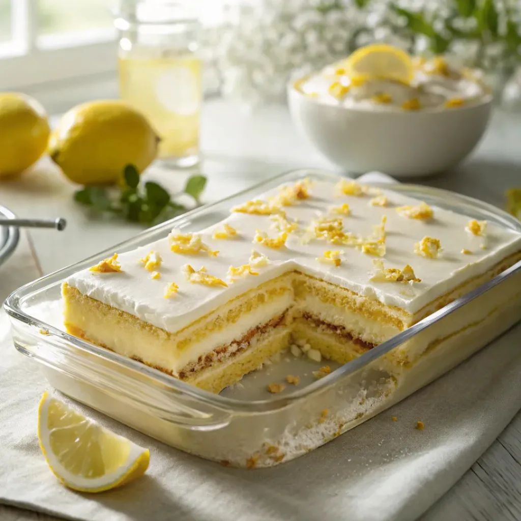 Home 6 Lemon éclair cake with creamy layers and lemon glaze topping
