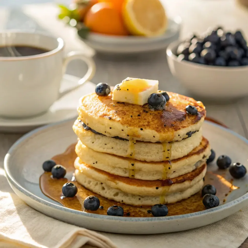 Lemon poppy seed pancakes served with coffee and fresh fruit