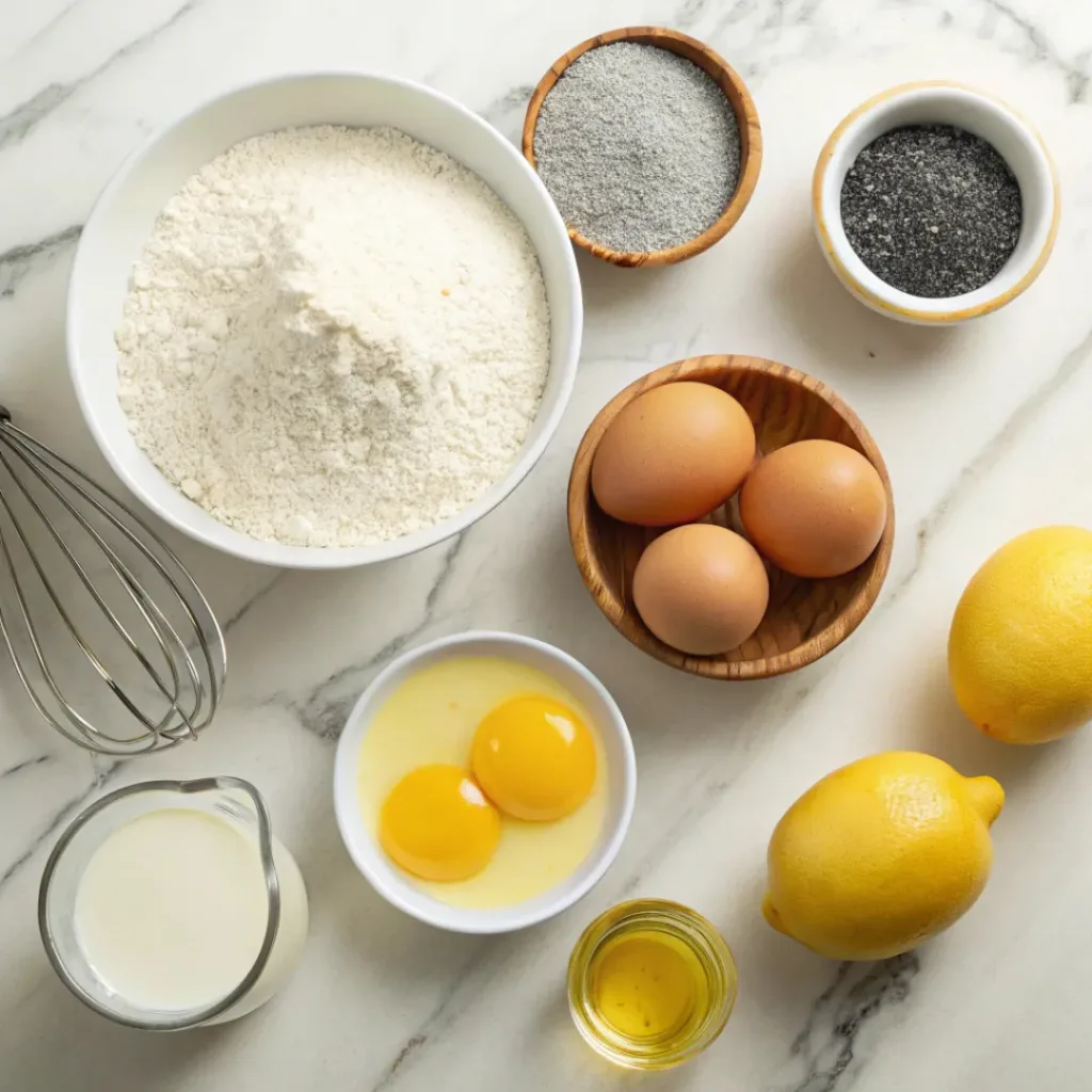 Flat lay of flour, eggs, milk, lemon, poppy seeds, and pancake ingredients