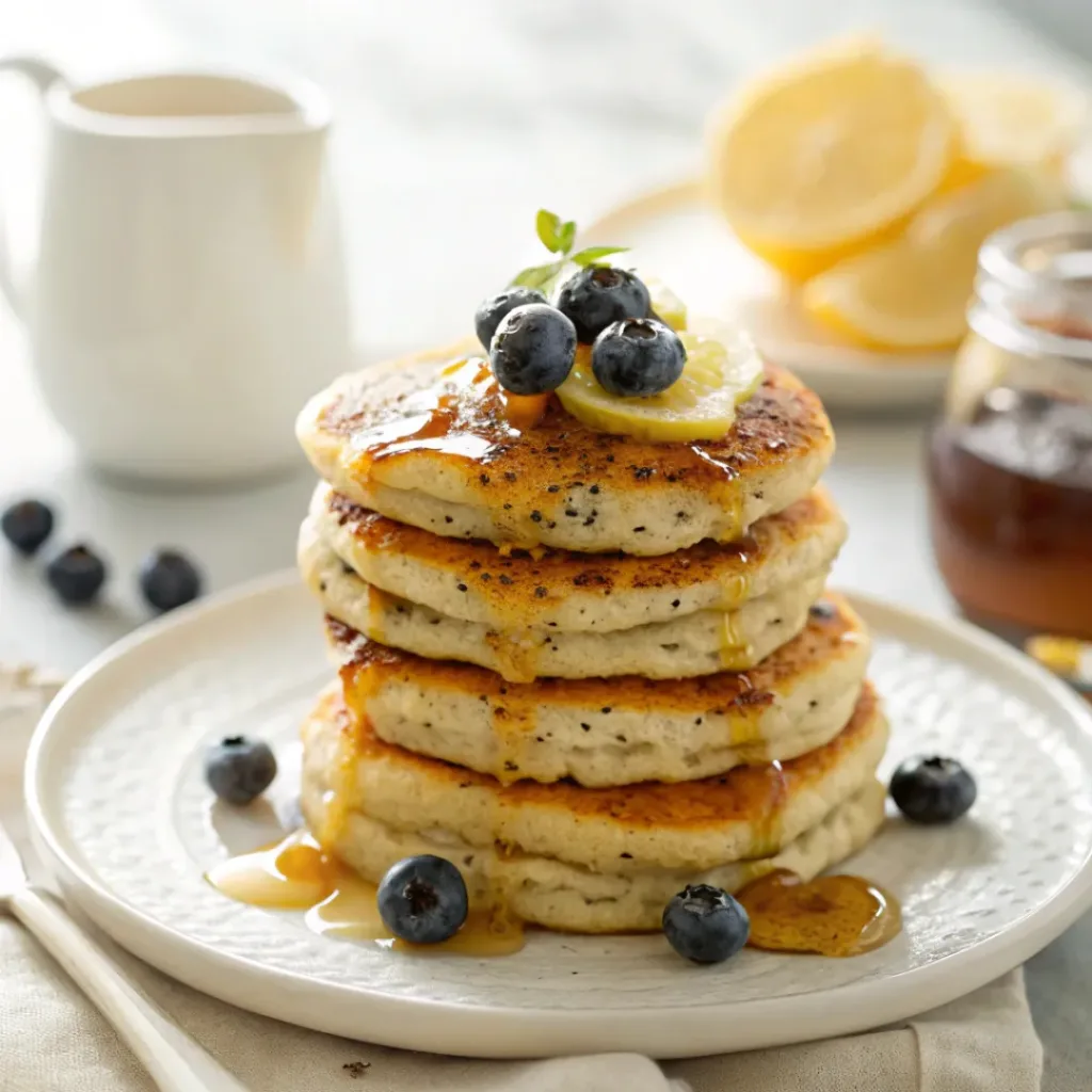 Stack of lemon poppy seed pancakes with syrup, blueberries, and lemon zest