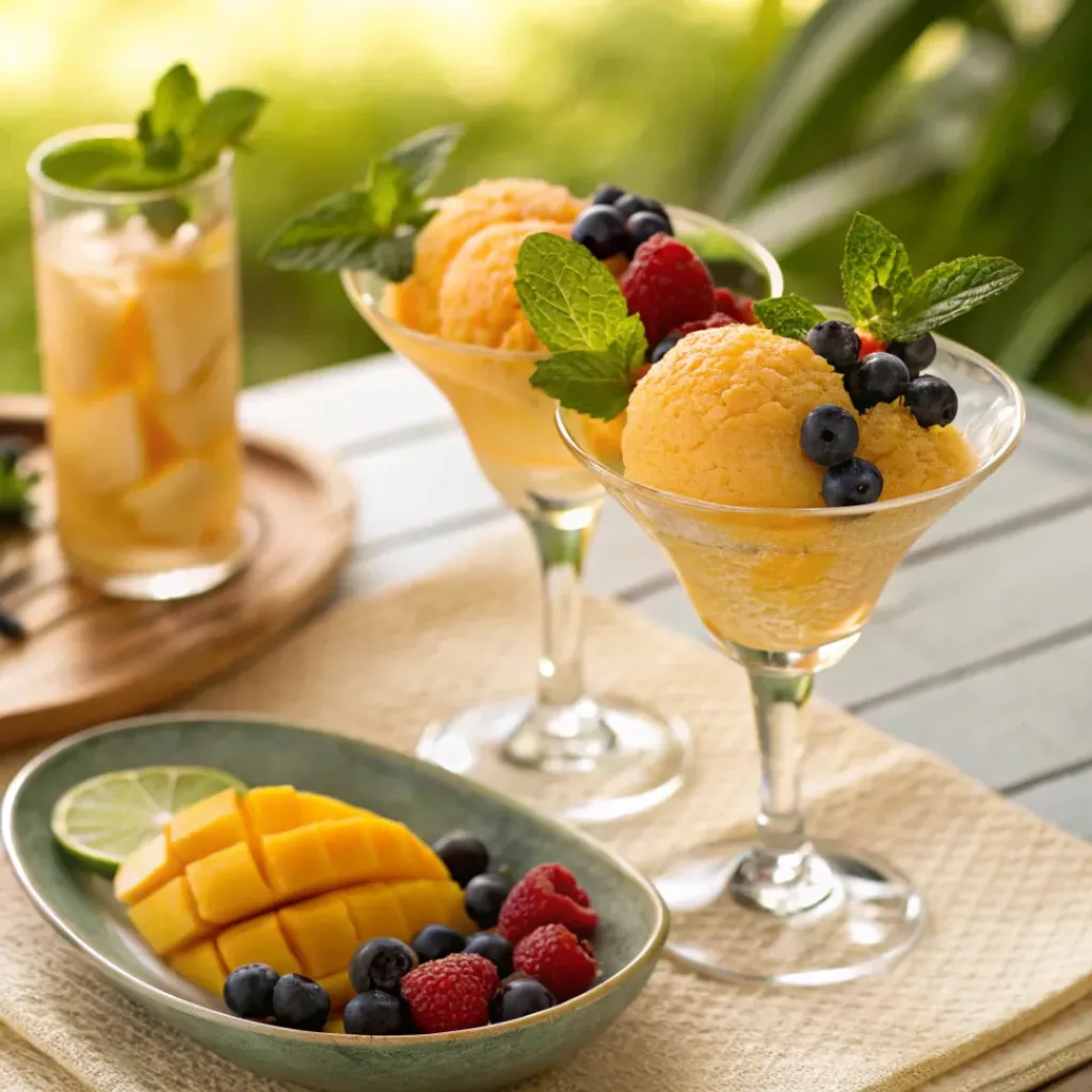 Mango sorbet served with fresh fruit and cold drink on summer table