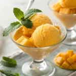 Bright mango sorbet scoops in glass bowl with mint garnish