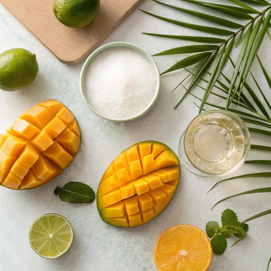 Flat lay of mangoes, lime, sugar, water, and mint leaves