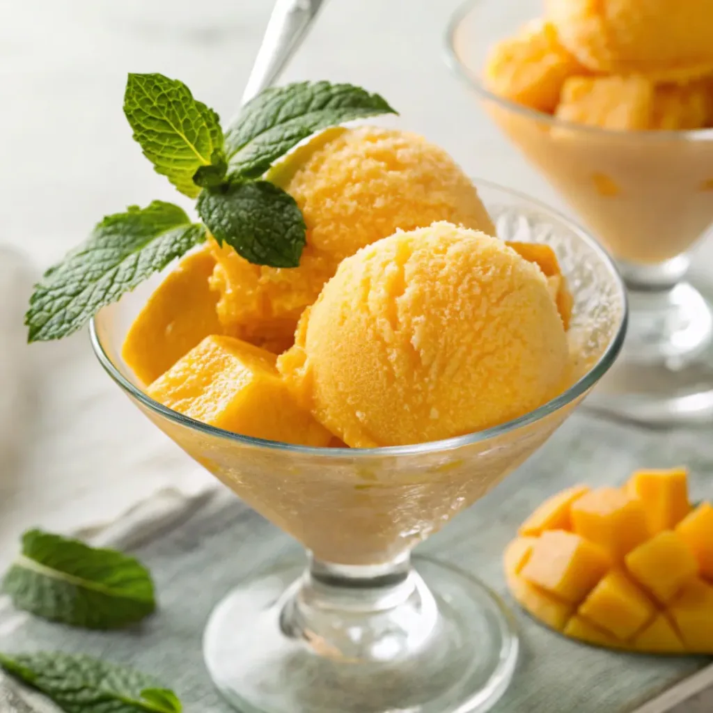Bright mango sorbet scoops in glass bowl with mint garnish