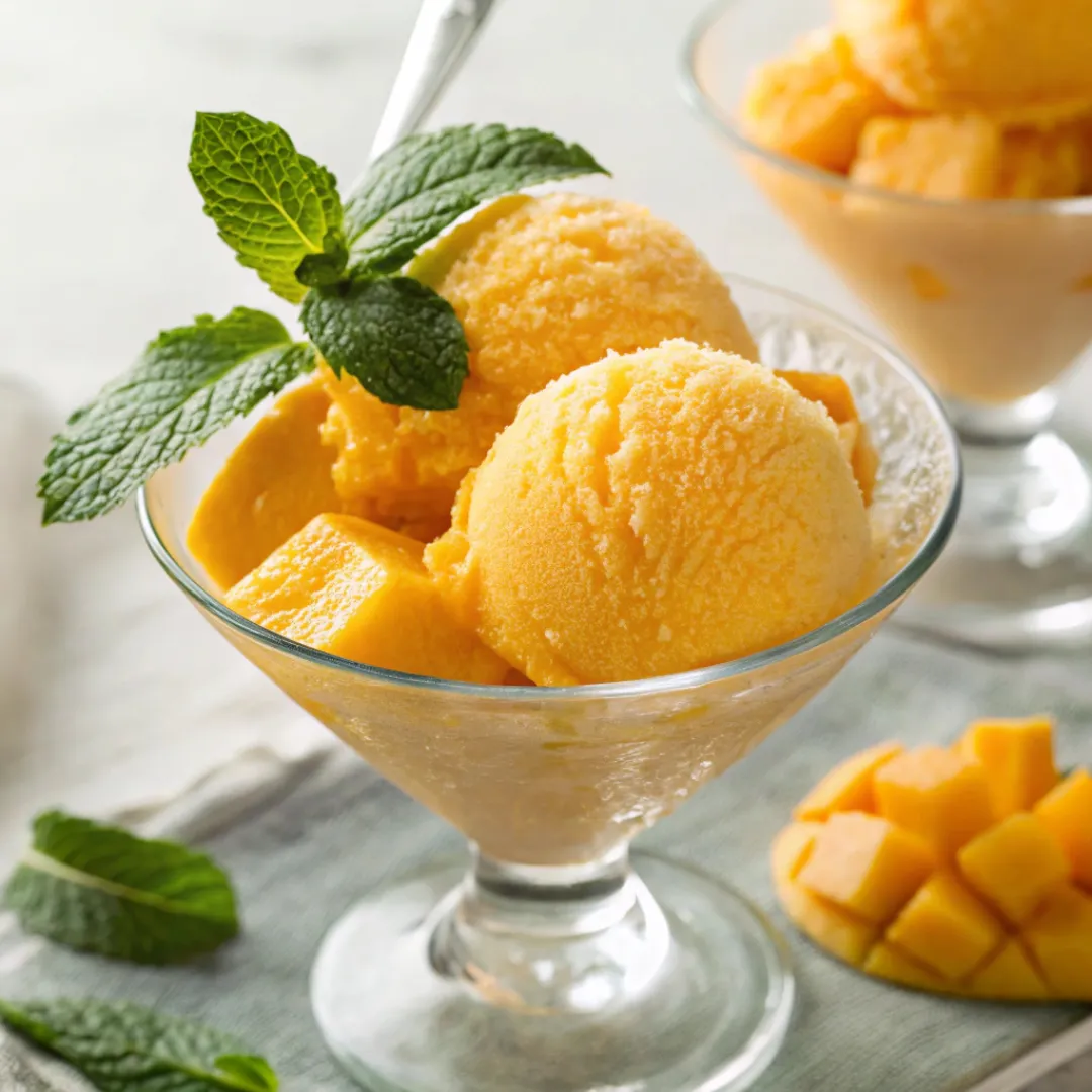 Bright mango sorbet scoops in glass bowl with mint garnish